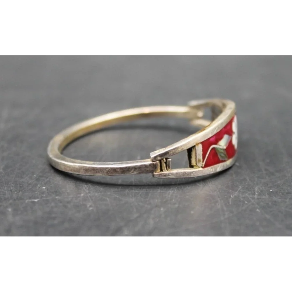 Vintage Mexico Sterling Silver Red Enamel Child Bangle Bracelet Mother of Pearl